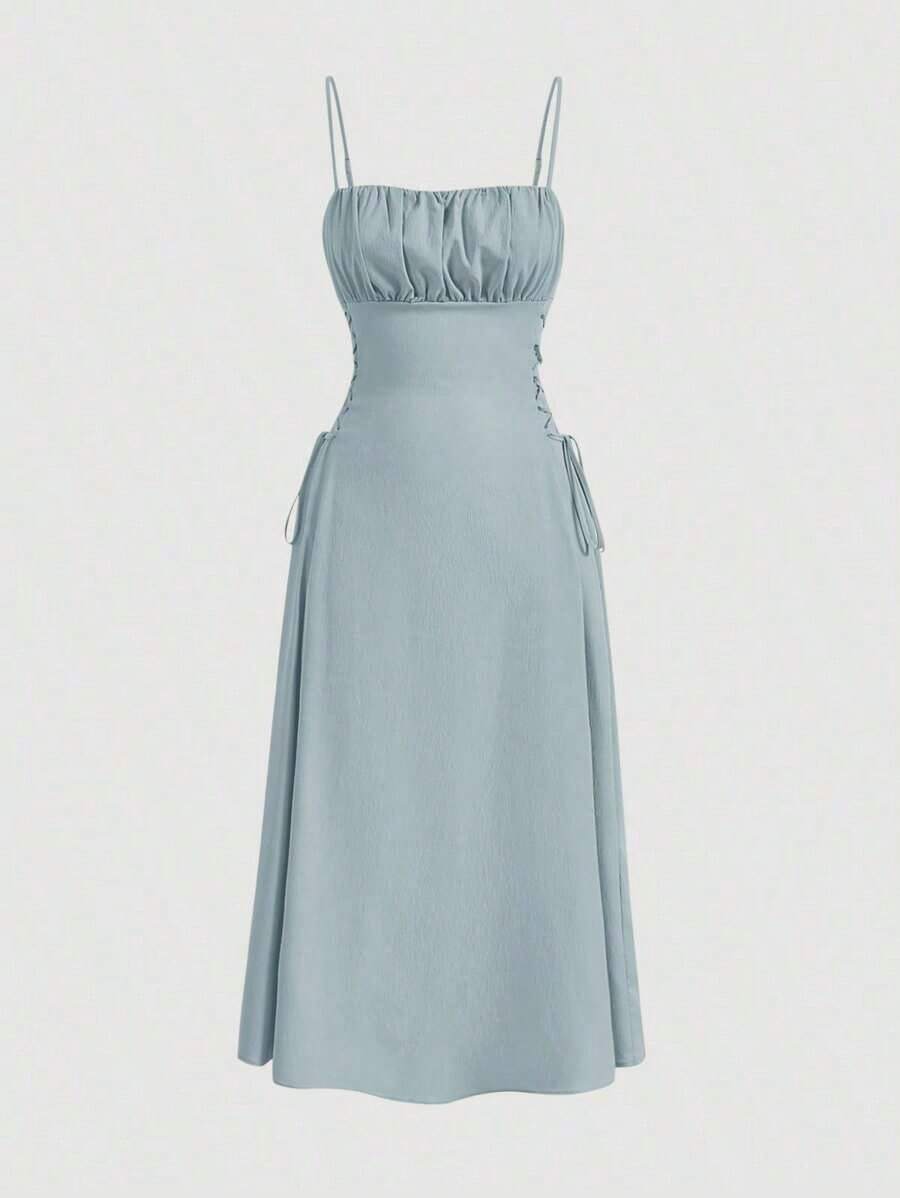 Vestido de tirantes unicolor pecho con fruncido con cordón lateral - Azul - Ver 1