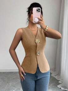Blusa exterior con cuello en V ajustada con decoración de botones dorados con rosas - Naranja - Ver 4