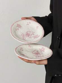 1 pieza Juego de vajilla de cerámica francesa retro rosa con relieve, que incluye plato de servir, taza de café y platillo, bol de arroz, bol de postre, vajilla, plato de cerámica, serie de taza de café y platillo, plato de postre, regalo de vacaciones/recuerdo Vuelta al colegio - Multicolor - Ver 8
