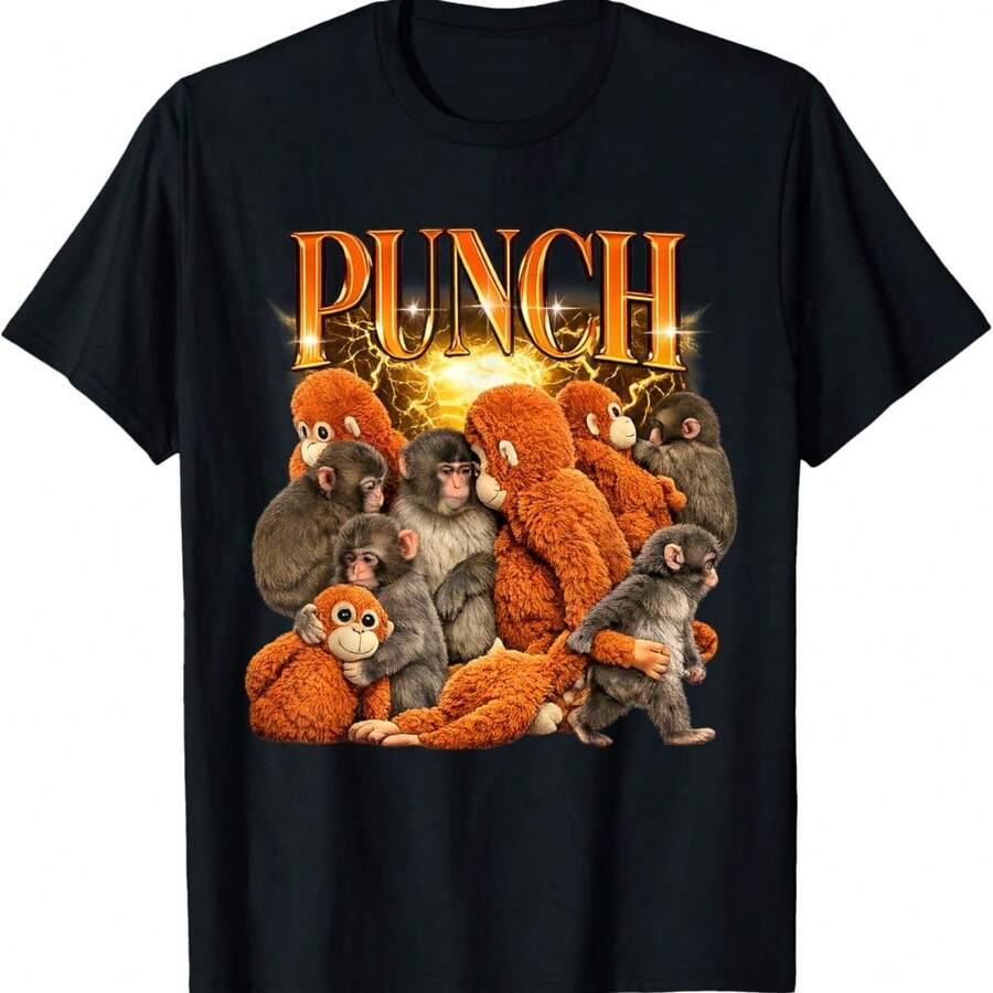 Cute Punch The Monkey Cuddling Stuffed Animal Viral Internet T-Shirt - Black - View 1