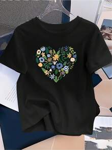 Camiseta moderna corazón floral estilo casual ligera cómoda fresca chica mujer verano algodón talle S a XL moda - Negro - Ver 1