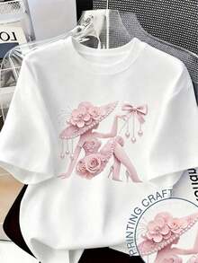 [Entrega Local]Playera Para Mujer Camiseta Con Estampado De Camisa Casual Para Mujer, Manga Corta Y Cuello Redondo, Moda Urbana Local De Primavera/Verano. - Blanco - Ver 1