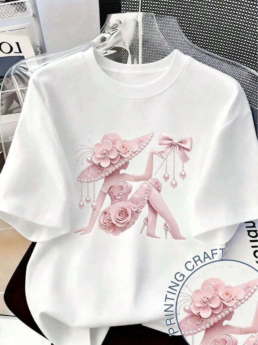 [Entrega Local]Playera Para Mujer Camiseta Con Estampado De Camisa Casual Para Mujer, Manga Corta Y Cuello Redondo, Moda Urbana Local De Primavera/Verano. - Blanco - Ver 1