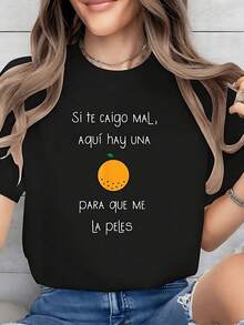Camiseta gráfica divertida para mujer con frase en español y estampado naranja. suave y transpirable. Top informal de manga corta para uso diario y ocasiones divertidas. TBRW - Negro - Ver 6