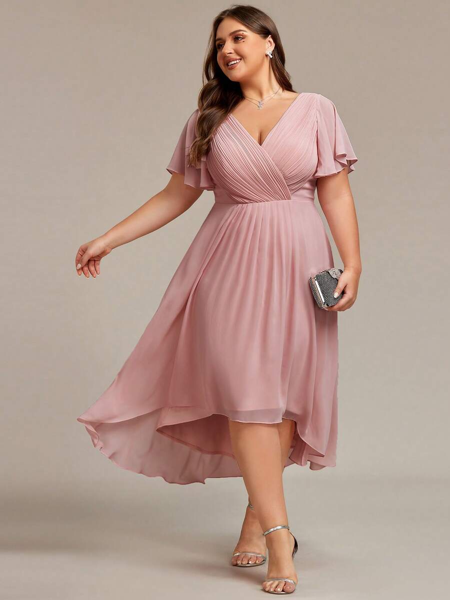 EVERPRETTY Plus Size Elegant Bridesmaid Dress, Deep V-Neck, Ruched Fitted Design, Ruffle Short Sleeves, Asymmetric Knee-Length Hem, Chiffon Fabric, Suitable For Formal Occasions - Rusty Rose - View 1