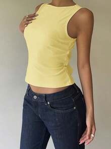 2 piezas Camisa sin espalda con lazo y cuello redondo sin mangas para mujer, Top estilo Y2K, adecuado para ir al trabajo, salidas, vacaciones, Paquete de 2 tops sin mangas para mujer, Top sin mangas para mujer, Conjunto de 2 piezas para mujer, Blus - Amarillo - Ver 3