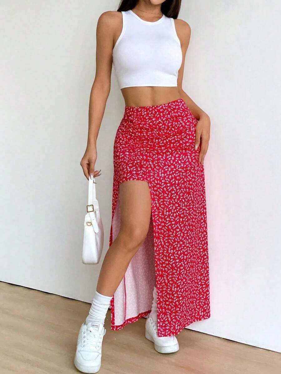 Falda larga con diseño floral pequeño y abertura en el dobladillo - Rojo - Ver 1