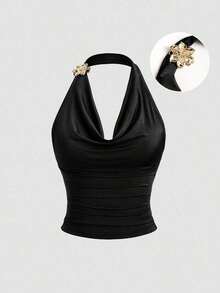 Sweetro Top sin mangas con cuello de volantes y diseño de cintura ceñida, moda de verano para mujeres con inspiración vintage - Negro - Ver 1