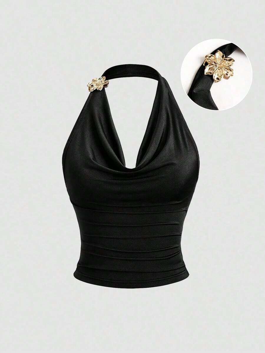 Sweetro Top sin mangas con cuello de volantes y diseño de cintura ceñida, moda de verano para mujeres con inspiración vintage - Negro - Ver 1