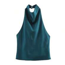 Blusa de mujer de nuevo verano de unicolor y sexy con espalda descubierta y hombros descubiertos, adecuada para citas y fiestas - Verde Oscuro - Ver 7