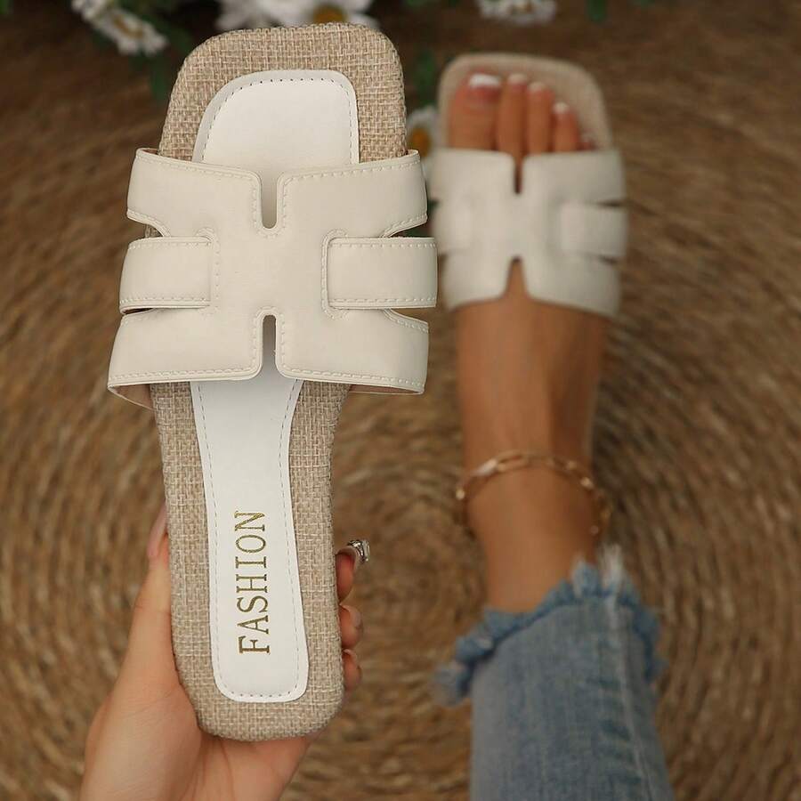 1 Pair Vacation Style Color Block Slip-On Sandals, Women's Flat Square Toe Beach Slippers, Linen Pattern Flip Flops, Versatile Summer Outdoor Wear - White - View 1