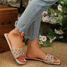 1 Pasang Sandal Selop Gaya Liburan dengan Blok Warna, Sandal Pantai Wanita Ujung Persegi Datar, Sandal Jepit Motif Linen, Pakaian Luar Ruangan Musim Panas Serbaguna - Emas - View 5