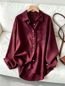 Camisa holgada de manga larga casual para mujer, adecuada para el trayecto al trabajo en primavera y otoño - Burdeos - Ver 3