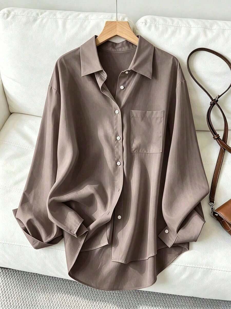 Camisa holgada de manga larga casual para mujer, adecuada para el trabajo y el transporte, blanca para primavera/otoño - Marrón - Ver 1