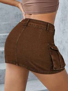 Minifalda de tela vaquera de tiro bajo, de moda para el verano - Óxido marrón - Ver 2