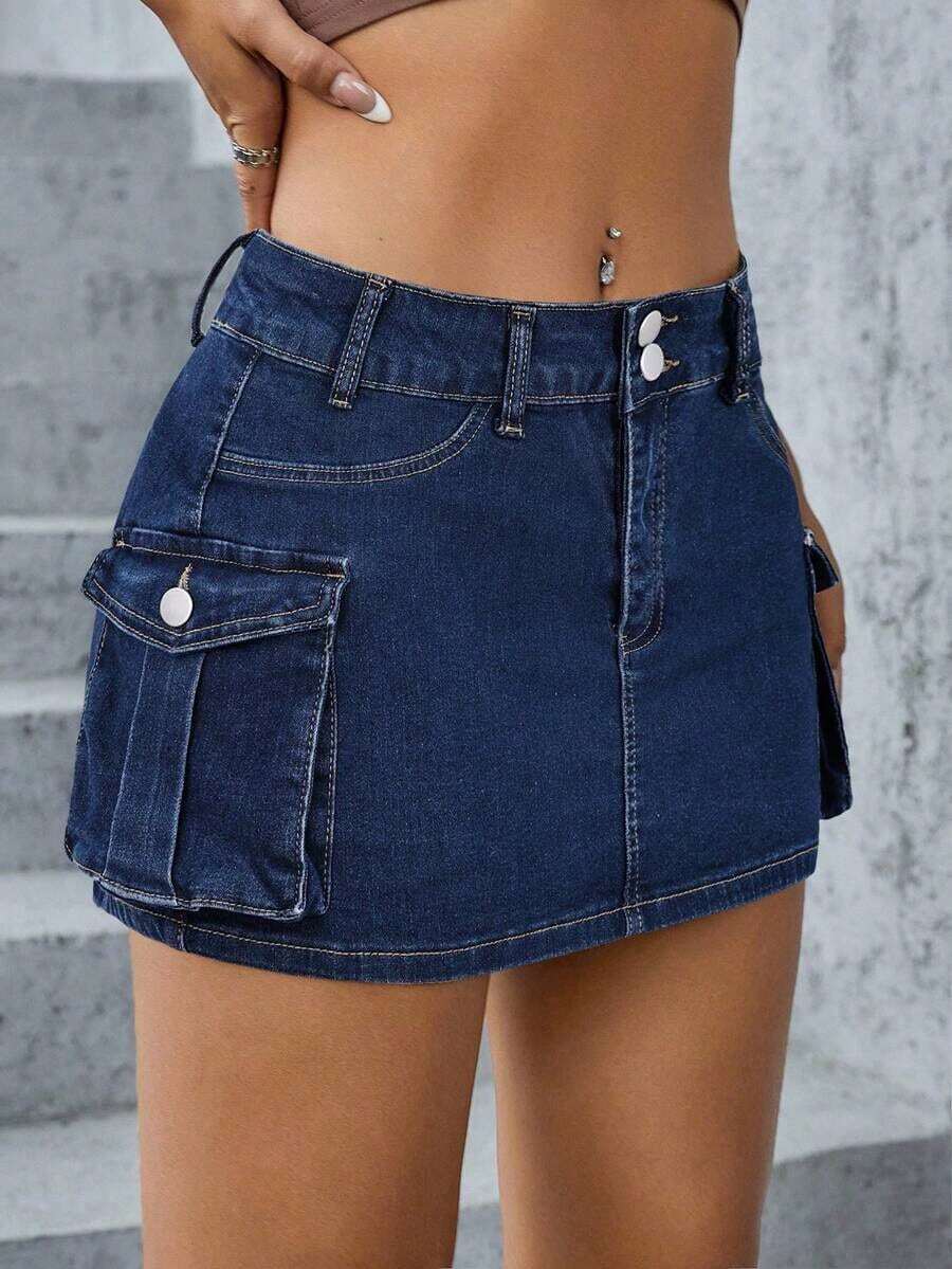 Minifalda de tela vaquera de tiro bajo, de moda para el verano - Azul lavado medio 2 - Ver 1