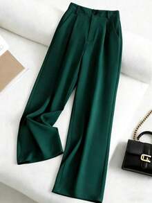 Pantalones casuales de mujer de unicolor con bolsillo oblicuo y pliegues - Verde Oscuro - Ver 6
