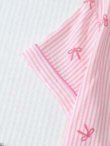 2 piezas Conjunto de pijama con top de manga corta con bolsillo y lazo, y shorts cómodos a rayas azules con cuello en forma de corazón, adecuado para uso en casa, primavera/verano - Rosa - Ver 6