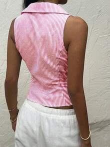 Camisa informal sin mangas con botones delanteros, de tejido negro, para verano - Rosa - Ver 2
