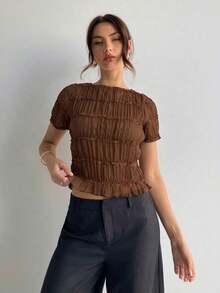 Blusa de mujer elegante de chifón y encaje con parches en color albaricoque - Café integral - Ver 6