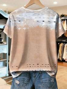 Camiseta de mujer con cuello redondo y manga corta con estampado floral sintético, cómoda para uso casual diario - Multicolor 5 - Ver 2