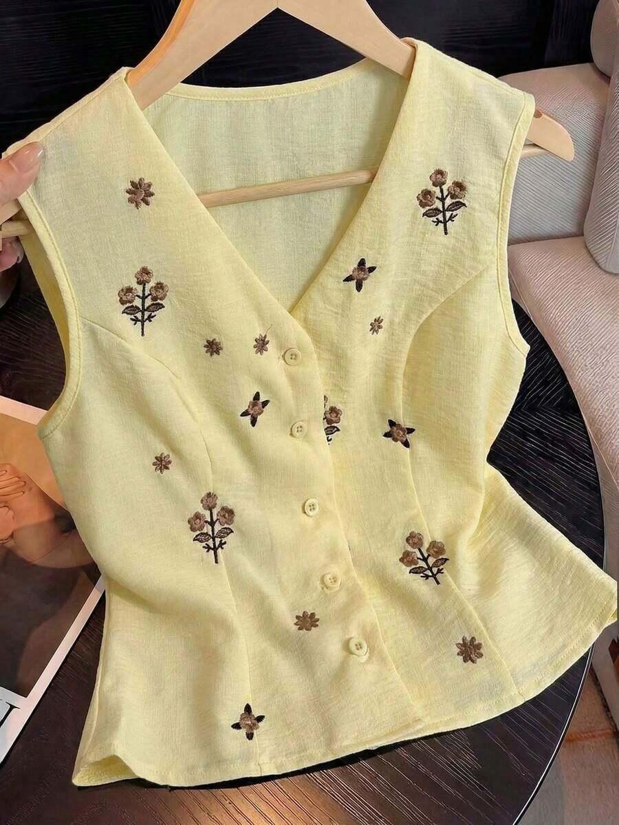 Camisa sin mangas con cuello en V, botones y bordado, con aspecto de lino, para mujer, para salidas de verano, citas, Año Nuevo, San Valentín, Pascua, Día de la Madre, festivales de música, estilo de Oriente Medio, bodas, elegante, vintage, casual - Amarillo claro - Ver 1