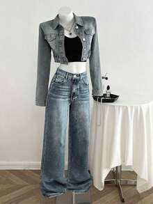 Jeans sencillos de uso diario con estampado de bigotes de gato para niñas adolescentes - Azul lavado medio 2 - Ver 5