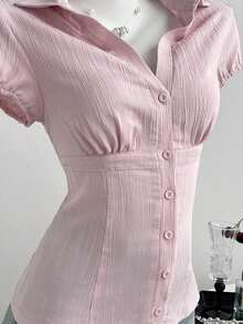 Camisa de mujer con cuello en V, cintura fruncida y manga corta, color blanco, para primavera/verano - Rosa 4 - Ver 6