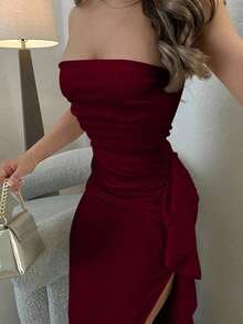 Vestido de dama de honor de boda de verano, vestido largo blanco con pliegues, abertura alta, volantes y tiras para fiesta, sin mangas y sin tirantes, sexy - Burdeos - Ver 3