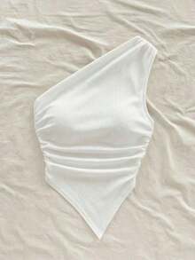 Blusa casual de unicolor con hombros oblicuos y ajustada, apropiada para el verano - Blanco - Ver 4
