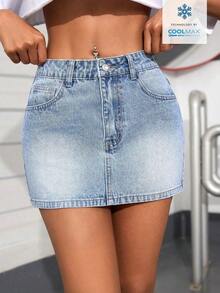 Minifalda vaquera casual de uso diario para mujer con bolsillos y botones - Azul - Ver 6