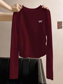 Camiseta casual de manga larga, cuello redondo, con estampado de lazo, color negro para mujer - Rojo - Ver 7