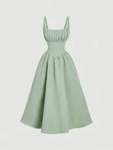 Vestido elegante de longitud media sin mangas con diseño de cintura plisada y unicolor para mujer - Verde pastel - Ver 9