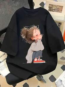 Camiseta casual de manga corta y cuello redondo para mujer con bonito estampado de anime - Compatible con blusa, adecuada para uso diario, atuendos de primavera, verano y otoño, lavable a máquina, para oficina y atuendos cotidianos - Negro - Ver 2