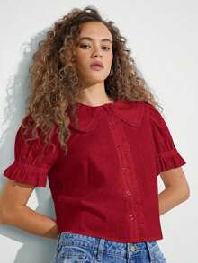 Camisa casual con cuello de volantes, mangas cortas abultadas y abotonadura, top lindo de otoño, ropa bohemia, atuendo de regreso a la escuela, para otoño, invierno, vestimenta occidental para mujer - Rojo - Ver 4
