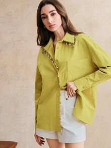 Blusa versátil de moda primaveral, casual y elegante para mujer - Mostaza Amarilla - Ver 4