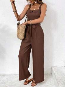 Mono holgado de unicolor y textura casual para mujer, de verano - Café integral - Ver 3