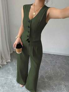 Conjunto de top tipo camisola y pantalones plisados de color liso, estilo francés para primavera/verano, para uso casual, streetwear u oficina - Verde militar - Ver 5