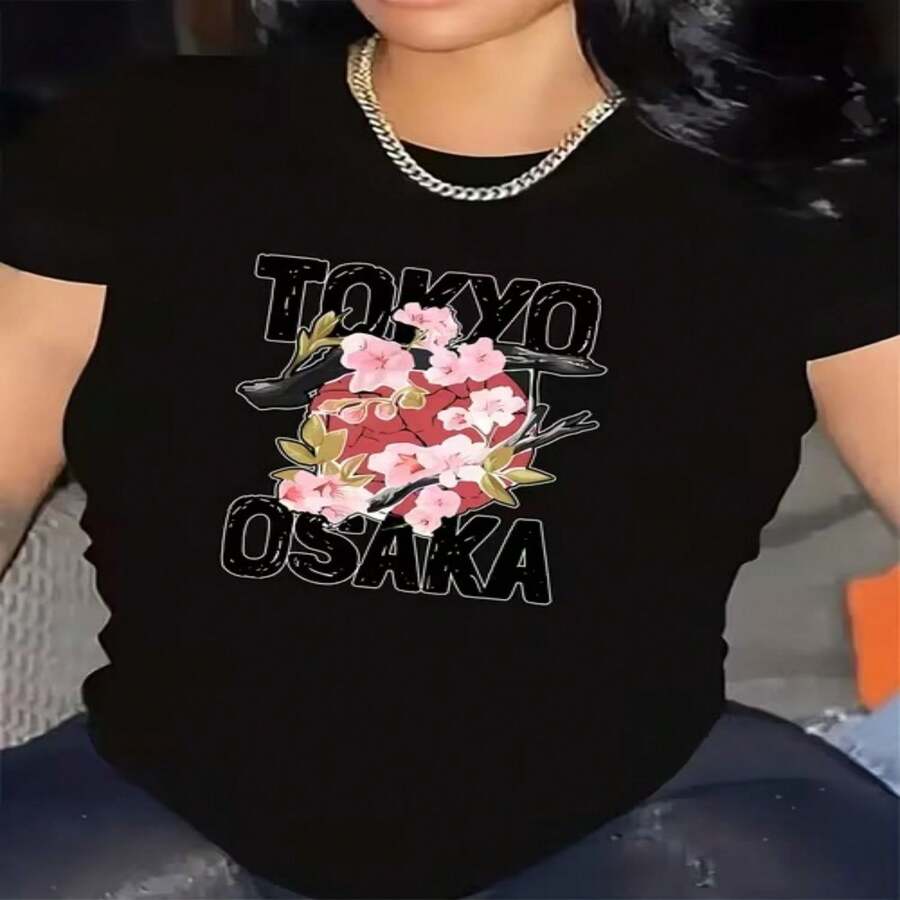 Casual Women's Black Cotton Regular Fit Round Neck Short Sleeve T-Shirt with Unique Graphic Print - Negro - Ver 1