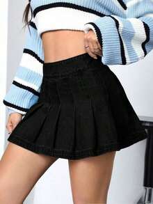Falda Tipo A Plisada De Mezclilla unicolor Para Mujer - Negro - Ver 4
