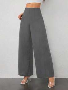 Pantalones de pierna ancha de textura de cintura alta, de estilo casual y sencillo, apropiados para ir a la escuela o para ir y venir al trabajo - Gris Oscuro - Ver 4