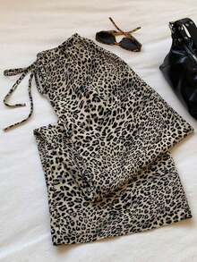 Pantalones Largos Para Mujer Con Estampado De Leopardo Y Cordón De Ajuste - Marrón - Ver 6