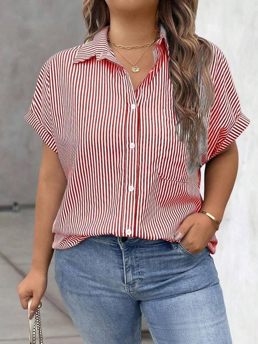 Vionelle Blusa casual de talla grande para mujer con estampado de rayas azul y blanco, de manga corta y abotonada, para el verano - Rojo - Ver 1