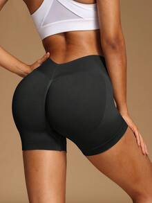 VVX Quần short tập thể dục nữ cạp cao, lưng chữ V nhún, kiểm soát bụng, yoga, không đường may, ôm dáng, màu trơn, mềm, kiểu biker cho tập gym, thể thao, mặc thường ngày, dùng cho mọi mùa - màu đen - Xem 4