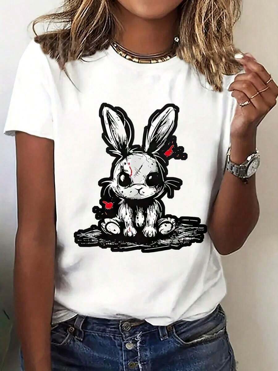 Camiseta de Mujer 100% Algodón con Diseño de Conejo, Regalo para Mujer, Suave, Elástica, Transpirable, para Verano, Otoño, Pascua, Todas las Temporadas, Ropa Casual y Deportiva - Blanco - Ver 1
