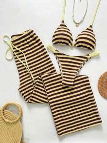 Swim Chiccia Conjunto de bikini a rayas sexy para mujer con pantalones, nueva llegada de trajes de baño para mujer 2026, adecuado para la escuela, vacaciones, citas, té de la tarde, estilo occidental, cruceros, playa, isla, viajes por carretera, todas las estaciones, festivales de música, vacaciones bohemias, vacaciones bohemias, otoño relajado, estilo occidental bohemio, blusas elegantes para mujer - Multicolor 6 - Ver 8