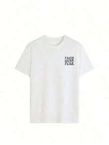 Camiseta con doble estampado de la frase "Faith Over Fear" - Camiseta casual de algodón puro con cuello redondo y manga corta, estilo vacacional a la moda, tu necesidad diaria. Ropa de vacaciones, estilo sencillo, top retro de ropa urbana - Unisex para mujeres y hombres, uso diario en el campus - Camiseta de algodón unisex de corte holgado y cómodo, estilo vintage urbano (estilo dulce, estilo retro, unisex). - Blanco - Ver 2