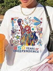 US Independence Day 250th Anniversary T-Shirt, Colorful 250th Anniversary Tee, Preppy Design, Patriotic Gift, Unisex Top. Made Of 220g Pure Cotton, This Unisex T-Shirt Is The Ideal Weight For All Seasons And Is Suitable For Both Men And Women. The Durable, High-Quality Fabric Is Soft To The Touch And Long-Lasting. Breathable Top. Perfect For Women's Spring And Summer Wear, Holidays, Mother's Day, And Independence Day. - 白色 - 查看 1