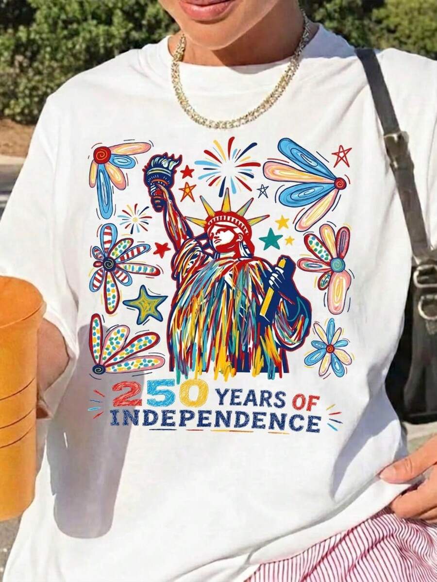 US Independence Day 250th Anniversary T-Shirt, Colorful 250th Anniversary Tee, Preppy Design, Patriotic Gift, Unisex Top. Made Of 220g Pure Cotton, This Unisex T-Shirt Is The Ideal Weight For All Seasons And Is Suitable For Both Men And Women. The Durable, High-Quality Fabric Is Soft To The Touch And Long-Lasting. Breathable Top. Perfect For Women's Spring And Summer Wear, Holidays, Mother's Day, And Independence Day. - 白色 - 查看 1