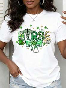 Women's St. Patrick's Day Short Sleeve T-Shirt With Nurse, Shamrock And Sedic Symbols Design For St. Patrick's Day Celebration - Urban Vintage Style, Unisex, Loose Fit, Cotton, Crew Neck And Short Sleeve. - 白色 - 查看 1